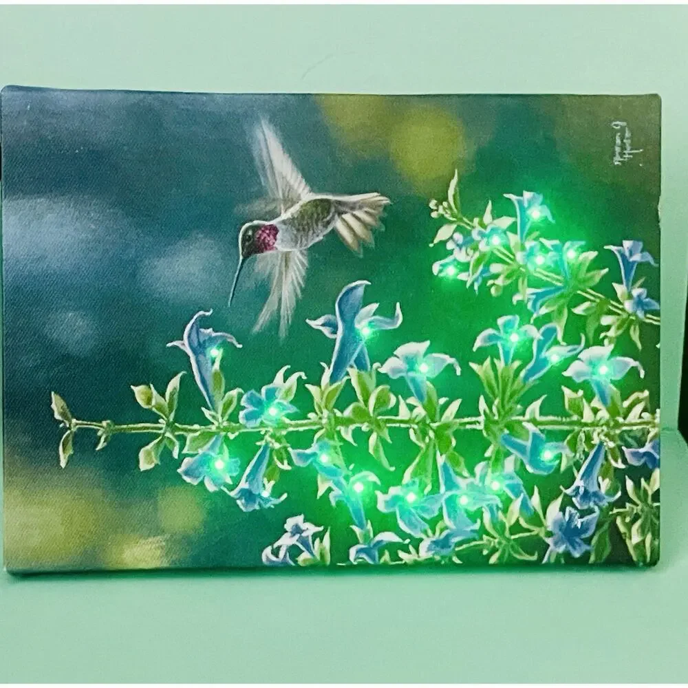 Hummingbird Flower LED Lighted Canvas Wall or Tabletop Picture 8.5 X 6